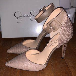 Jessica Simpson taupe ankle strap pumps.